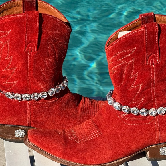 Christmas Red, Dan Post, Red Suede Cowboy Boots with Rhinestone Accents, size 10 - Picture 4 of 6